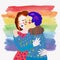 A couple of embracing girls. Flat style  illustration of hugging women with lgbt flag on the background. Lgbt couple.