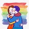 A couple of embracing girls. Flat style  illustration of hugging women with lgbt flag on the background. Lgbt couple.