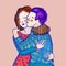 A couple of embracing girls. Flat style raster illustration of hugging women. Female friendship. Lgbt lesbian couple. Image is