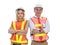A couple of engineers stood proud, looking at the camera proudly. On a white background, with clipping path.