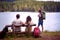 Couple enjoying a day at the lake. young tourist people