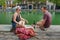 Couple enjoys lunch on the banks of the Canal Saint-Martin in Paris
