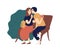 Couple exchanging gift box sitting on bench at park vector flat illustration. Man and woman making surprise each other