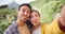 Couple, face and crazy selfie in nature for hiking, travel or adventure together. Portrait, funny and travel influencer