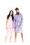 Couple, family on sleepy faces in clothes for sleep looks sleepy in morning. Insomnia concept. Couple hold hands