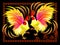 Couple of fantastic Chinese roosters with bright feathers on black background. Modern print for festival performance.