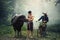 Couple farmer in farmer suit with buffalo