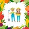 A couple of farmers with harvest vector illustration. Woman holding basket with fresh vegetables, man standing with