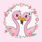 Couple of flamingos in love inside flower frame