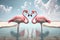 Couple flamingos neck heart shape on tropical beach background. Love and nature concept. Generative ai