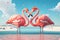 Couple flamingos neck heart shape on tropical beach background. Love and nature concept. Generative ai