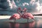 Couple flamingos neck heart shape on tropical beach background. Love and nature concept. Generative ai