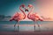 Couple flamingos neck heart shape on tropical beach background. Love and nature concept. Generative ai