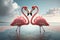 Couple flamingos neck heart shape on tropical beach background. Love and nature concept. Generative ai