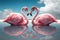 Couple flamingos neck heart shape on tropical beach background. Love and nature concept. Generative ai