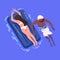 Couple floating, sunbathing in water. Biracial people relaxing in pool. Woman in bikini lying on inflatable rubber