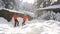 Couple fooling around in the backyard winter mountain lodge in the morning sun. The couple throws the snow into the sky