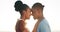 Couple, forehead and love in embrace at sunset, security and happy for commitment in marriage. Black people, romance and