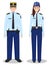 Couple of french policeman and policewoman in traditional uniforms standing together on white background in flat style