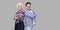 Couple of friends, adult man and woman in casual checkered shirt standing together back to back with crossed arms, toothy smile,