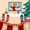 Couple, friends or family are watching Christmas and New Year movies on the bed in knitted socks, under plaid. Room is decorated