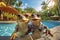 a couple of frogs tourist relaxing vacation at a tropical resort and taking a selfie shot, funny holiday concept, AI generative