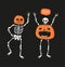 Couple of funny skeletons with pumpkins. Greeting card for Halloween. Cute hand drawn  design for day of the dead