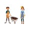 Couple of gardeners, man with wheelbarrow of earth, woman with shovel