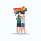 Couple gays holding lgbt rainbow flag love parade pride festival concept two smiling guys embracing kissing male cartoon