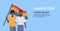 Couple gays holding lgbt rainbow flag love parade pride festival concept two smiling guys embracing male cartoon