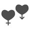 Couple of gender hearts solid icon. Two heart, male and female sex symbol, glyph style pictogram on white background