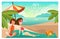 Couple girls on a beach cartoon vector illustration. Summer vacation concept poster in cartoon style. People characters