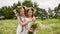 Couple Girls Laugh Friends Hug Flowers Meadow