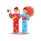 Couple of girls making selfie using smartphone and selfie stick. Two young women in bright kimonos. Flat vector design