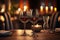 Couple glassess of the champagne are placed on wooden table in restaurant background, romantic table setting with glasses