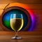 Couple glassess of the champagne or white wine are placed on wooden table in restaurant background. Generative Ai image.