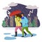 Couple goes in pouring rain, escaping under umbrella. Evening city, lightning sparkles, rain pours