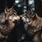 A couple of gray wolves standing next to each other. AI generative image.