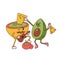 Couple of Guacamole and Avocado characters eating Nachos. Nacho dip in bowl mascot playing the guitar. Mexican food