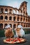 A couple of hamsters sitting on top of a pizza next to coliseum. AI generative image.