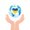 Couple of hands with planet and heart shape in national Ukraine colors. Symbol of mercy support and donation