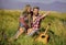 Couple happy cuddling nature background. Romantic hike. Family hike. Boyfriend and girlfriend with guitar in mountains