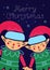 Couple of happy elves on night festive snowy background. Merry Christmas template of card, poster, flyer. Happy New Year cute