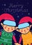 Couple of happy elves on night festive snowy background. Merry Christmas template of card, poster, flyer. Happy New Year cute