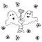 A couple of happy Halloween ghosts, horror stories in love and striped candies around, coloring page with funny characters