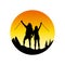 Couple of happy hikers with raised hands against the sun. Travel, tourism, hike and adventure logo