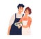 Couple of happy man and woman holding plate with cooked food. Portrait of smiling and hugging husband and wife with