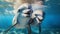 Couple of happy smiling dolphins swim underwater, portrait of wild funny animals, ocean under water life. Theme of wildlife,