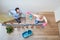 Couple has fun at the stairwell and hallway cleaning