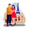 Couple has romantic honeymoon trip to Paris. Vector illustration of engagement, Valentines day date